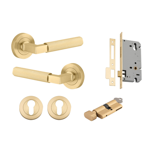 Iver Brunswick Door Lever on Round Rose Entrance Kit Key/Thumb Brushed Gold PVD 16261KENTR60KT