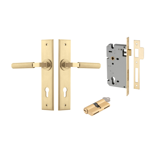 Iver Brunswick Door Lever on Chamfered Backplate Entrance Kit Key/Key Brushed Gold PVD 