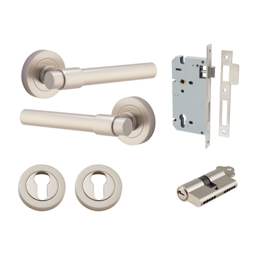 Iver Helsinki Door Lever on Round Rose Entrance Kit Key/Key Satin Nickel 20629KENTR60KK