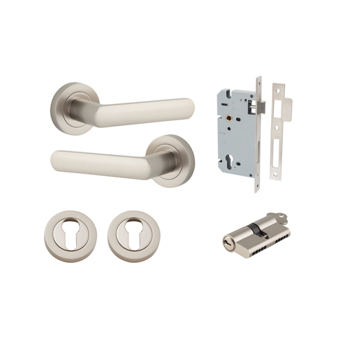 Iver Osaka Door Lever Handle on Round Rose Entrance Kit Key/Key Satin Nickel 20779KENTR60KK