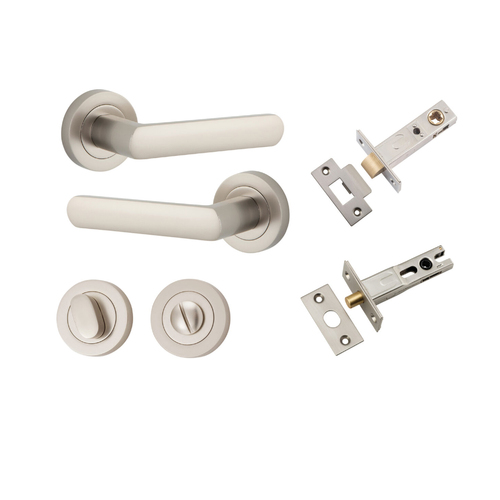 Iver Osaka Door Lever Handle on Round Rose Privacy Kit Satin Nickel 20779KPRIV60