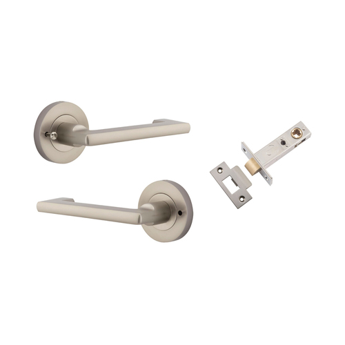Iver Baltimore Return Door Lever Handle on Round Rose Inbuilt Privacy Satin Nickel 20789KIBPRIV60