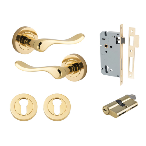 Iver Stirling Door Lever Handle on Round Rose Entrance Kit Key/Key Polished Brass 20790KENTR60KK