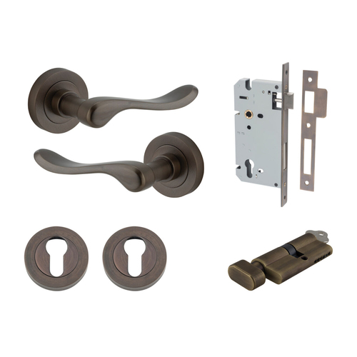 Iver Stirling Door Lever Handle on Round Rose Entrance Kit Key/Thumb Signature Brass 20791KENTR60KT