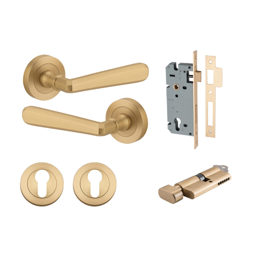 Iver Copenhagen Door Lever on Round Rose Entrance Kit Key/Thumb Brushed Brass 20806KENTR60KT