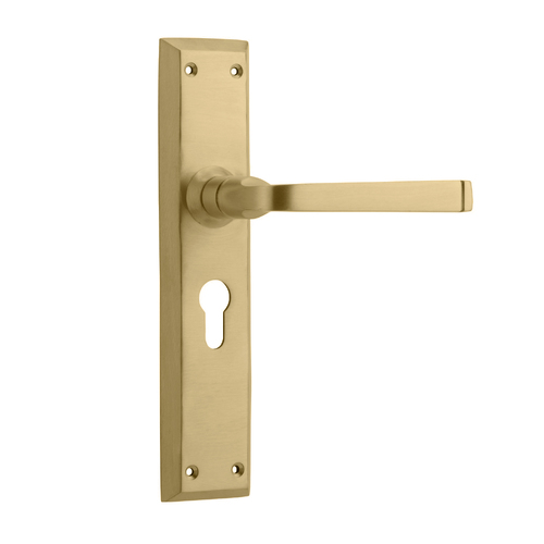Tradco Menton Door Lever Handle on Long Backplate Euro Unlacquered Satin Brass 21358E
