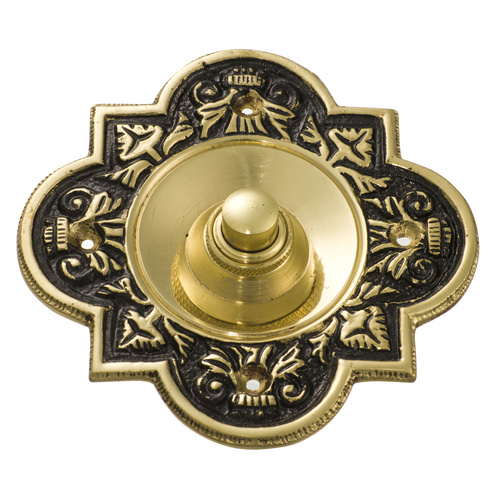 Tradco 5502PB Bell Push Polished Brass Black B ground 90x90mm