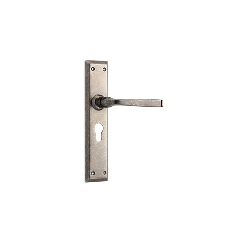 Tradco Menton Door Lever Handle on Long Backplate Euro Rumbled Nickel 6354E