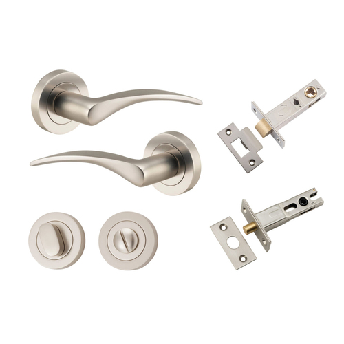 Iver Oxford Door Lever Handle on Round Rose Privacy Kit Satin Nickel 9229KPRIV60
