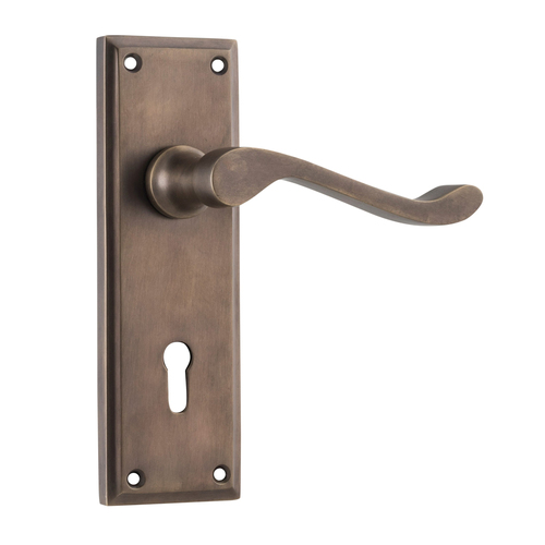 Tradco Camden Door Lever Handle on Rectangular Backplate Bitkey Antique Brass 9710