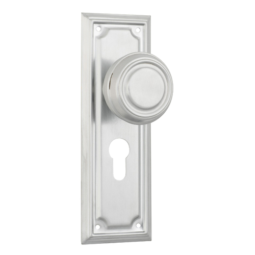 Tradco Edwardian Door Knob on Rectangular Backplate Euro Satin Chrome 9760E