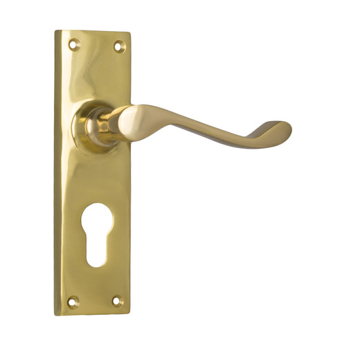 Tradco Victorian Door Lever Handle on Long Backplate Euro Polished Brass 1037E
