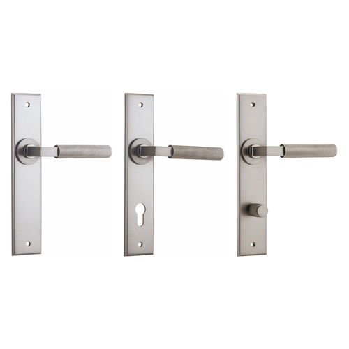 Iver Brunswick Door Lever Handle on Chamfered Backplate Satin Nickel