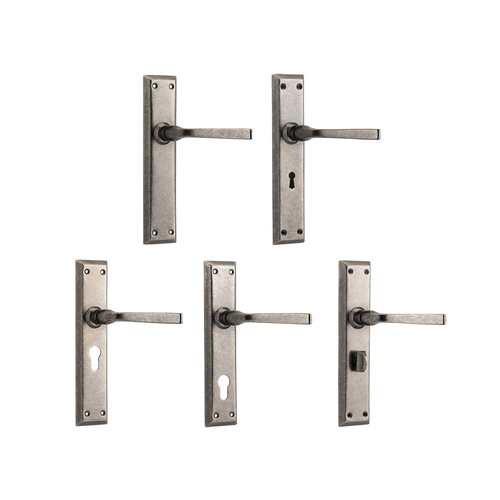 Tradco Menton Lever Door Handle on Long Backplate Rumbled Nickel
