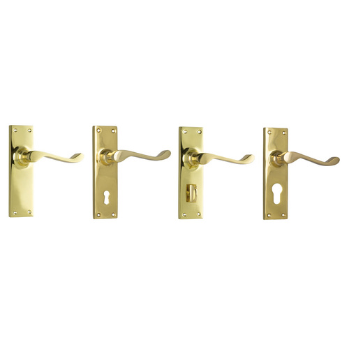 Tradco Victorian Door Lever Handle on Long Backplate Polished Brass