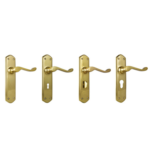 Tradco Windsor Lever Door Handle on Shouldered Backplate Polished Brass