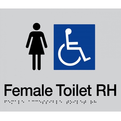 AS1428 Compliant Toilet Sign SILVER Female Disabled Braille RH Transfer FDTRH