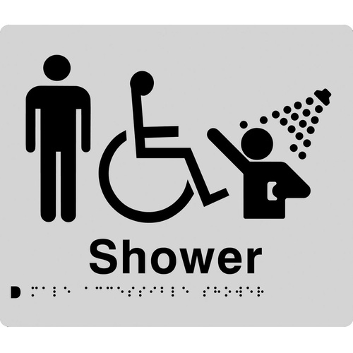 AS1428 Compliant Shower Sign Male Disabled Braille SILVER MDS 210x180x3mm