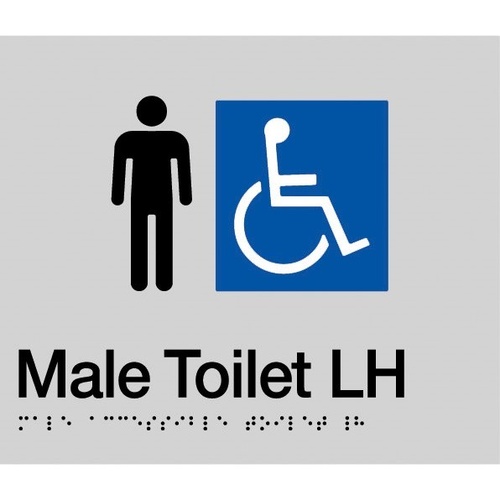 AS1428 Compliant Toilet Sign SILVER Male Disabled Braille LH Transfer MDTLH