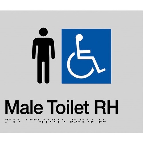 AS1428 Compliant Toilet Sign SILVER Male Disabled Braille RH Transfer MDTRH