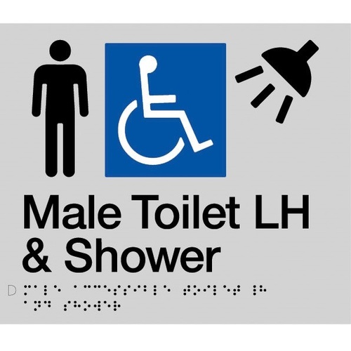 AS1428 Compliant Toilet Shower Sign SILVER Male Disabled Braille LH MDTSLH