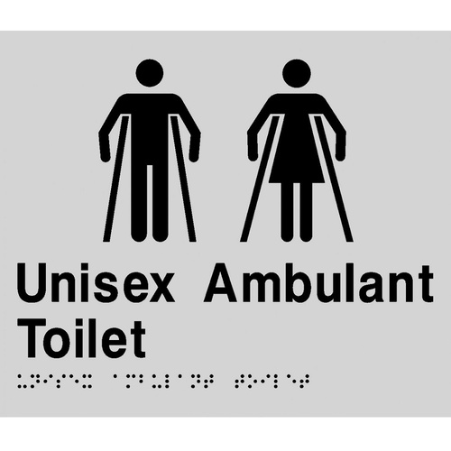 AS1428 Compliant Toilet Sign Unisex Ambulant Braille MFAT SILVER 210x180x3mm