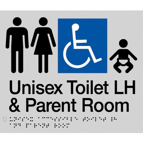 AS1428 Compliant Parent Room Toilet Sign SILVER Unisex Disabled LH MFDTPLH