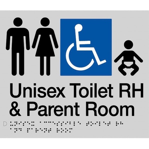 AS1428 Compliant Parent Room Toilet Sign Unisex Disabled RH SILVER MFDTPRH