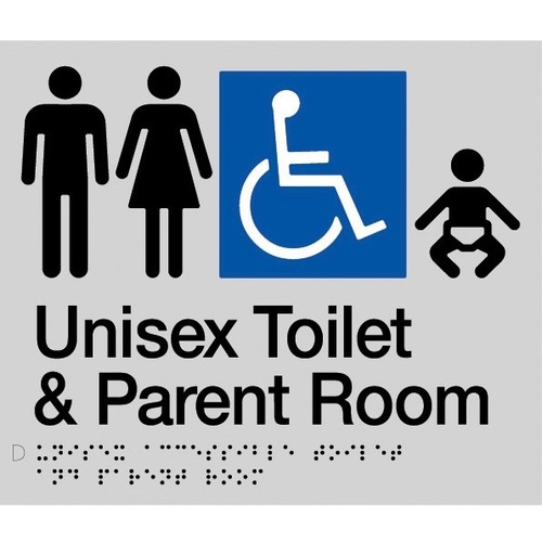AS1428 Compliant Parent Room Toilet Sign SILVER Unisex Disabled Braille MFDTP