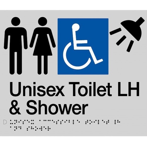 AS1428 Compliant Toilet Shower Sign SILVER Unisex Disabled Braille LH MFDTSLH