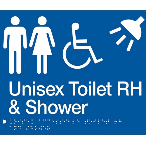 AS1428 Compliant Toilet Shower Sign Unisex Disabled Braille RH BLUE MFDTSRH