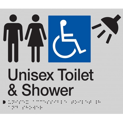 AS1428 Compliant Toilet Shower Sign SILVER Unisex Disabled Braille MFDTS