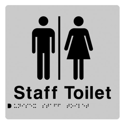 AS1428 Compliant Staff Toilet Sign Unisex Braille SILVER MFSffT 180x180x3mm