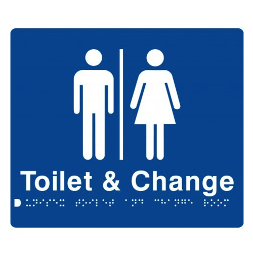 AS1428 Compliant Toilet & Change Room Sign BLUE Unisex Braille MFTCR 210x180mm