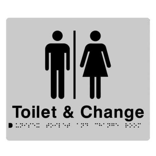 AS1428 Compliant Toilet & Change Room Sign SILVER Unisex Braille MFTCR 210x180mm