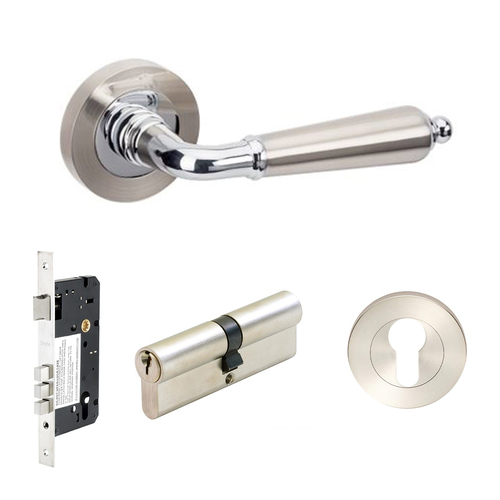 Zanda Oxford Door Lever Handle on Round Rose Entrance Set 60mm Key/Key Brushed Nickel/Chrome Plate