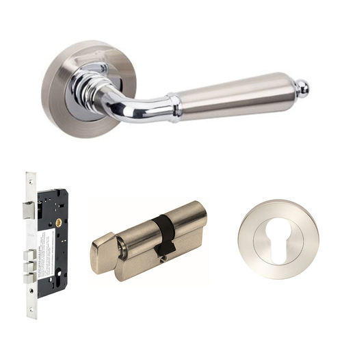 Zanda Oxford Door Lever Handle on Round Rose Entrance Set 60mm Key/Turn Brushed Nickel/Chrome Plate