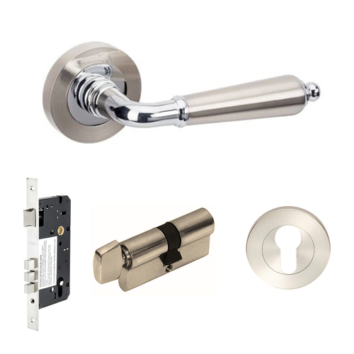 Zanda Oxford Door Lever Handle on Round Rose Entrance Set 60mm Key/Turn Brushed Nickel/Chrome Plate 100742.BNCP