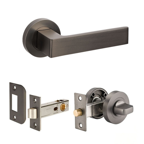 Zanda Boston Door Lever Handle on Round Rose Integrated Privacy Set with Latch Graphite Nickel 