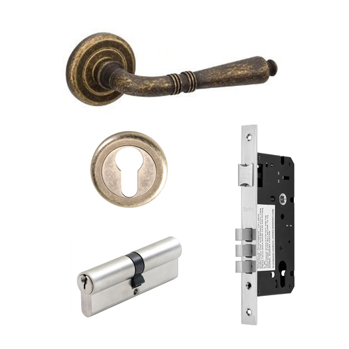 Zanda Copenhagen Door Lever Handle on Round Rose Entrance Set 70mm (Key/Key) Rustic Brass 9413.3.RB