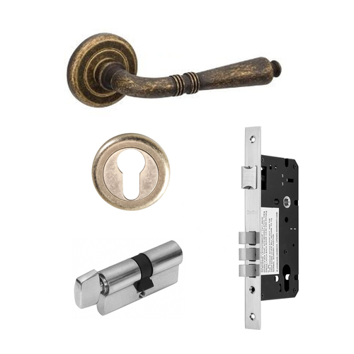 Zanda Copenhagen Door Lever Handle on Round Rose Entrance Set 70mm (Key/Turn) Rustic Brass 9413.4.RB
