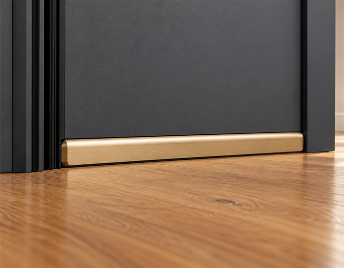 Brass door bottom seal fitted along the base of a dark door above a timber floor