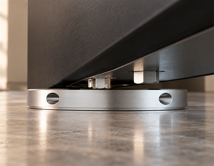 Close-up of a pivot door floor plate beneath the bottom edge of a door
