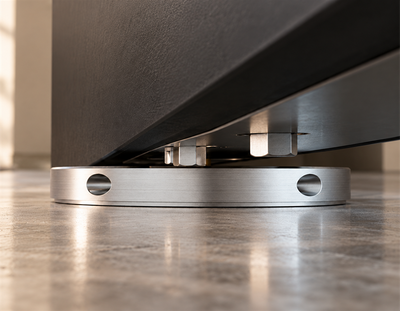 Close-up of a pivot door floor plate beneath the bottom edge of a door