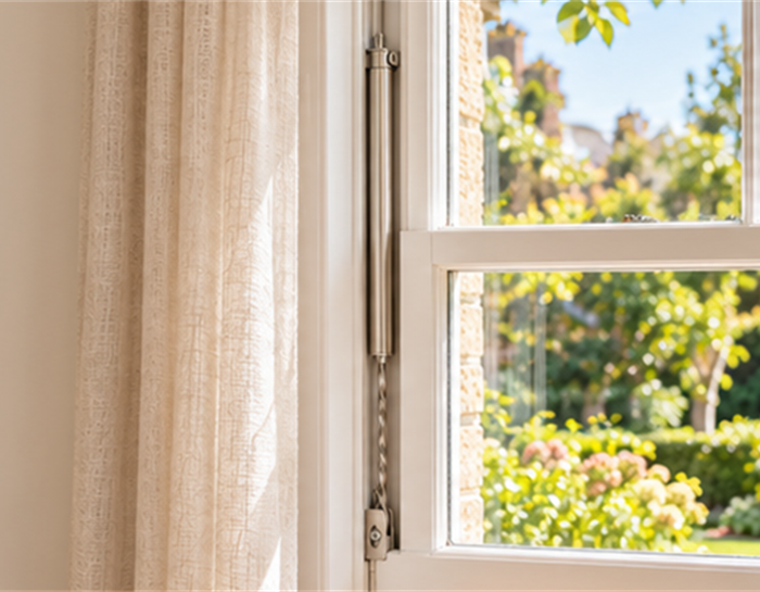 Spiral sash balance fitted beside a white timber double-hung window overlooking a garden