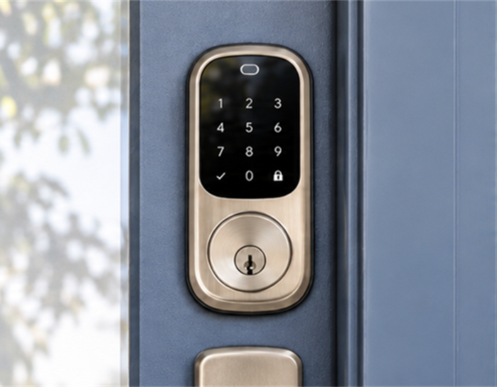 Keypad smart lock fitted to a blue front door