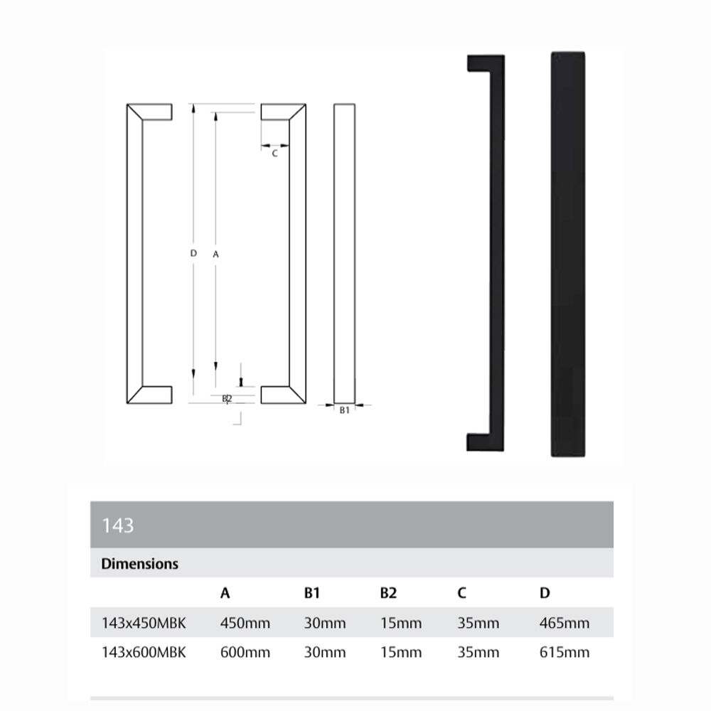 Lockwood Nero 143 Entrance Door Pull Handle Pair Matt Black - Available in 450mm and 600mm