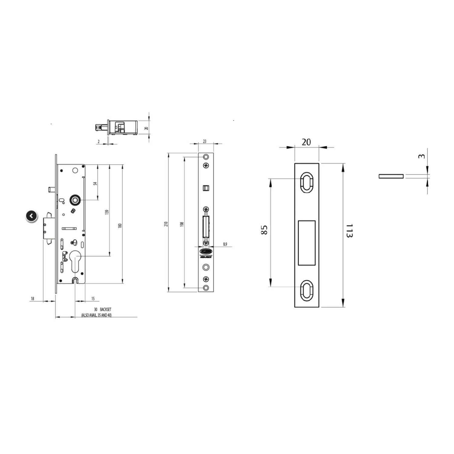 Lockwood Optimum Sliding Door Mortice Lock 30mm Backset with Strike