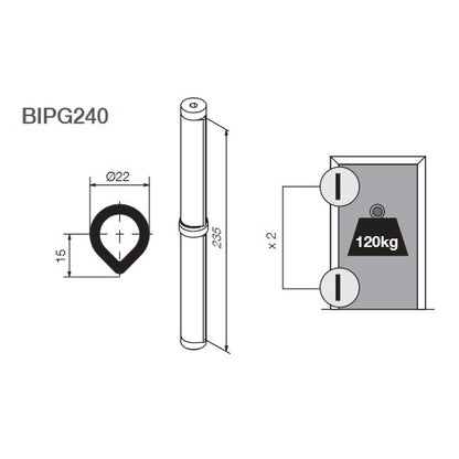 Bellevue Justor Welding Door Hinge BIPG240NS 235mm 120kg Non Sprung Pair