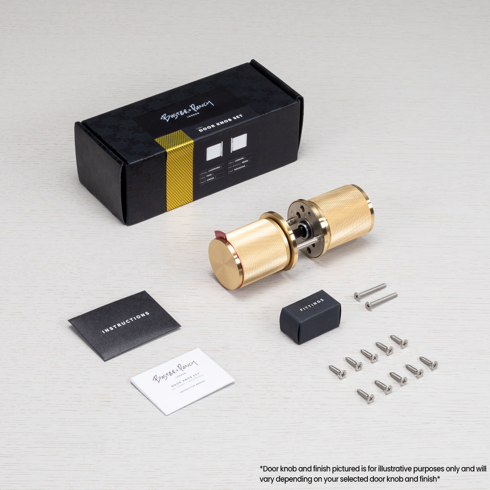Buster and Punch Door Knob on Round Rose Cross-Knurl Pattern - Available in Various Finishes